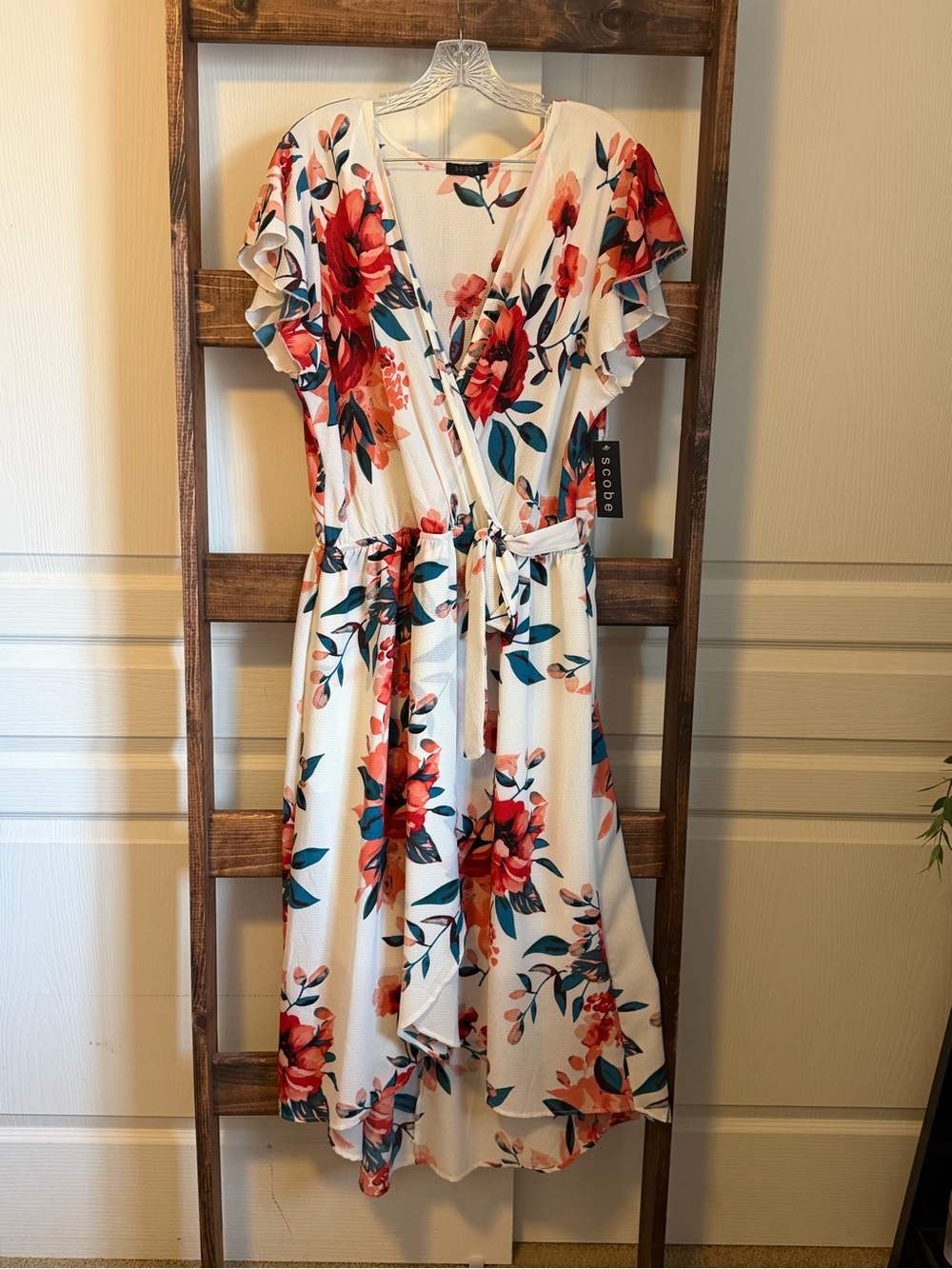 Floral High-Low Wrap Dress in Cream with Red & Teal